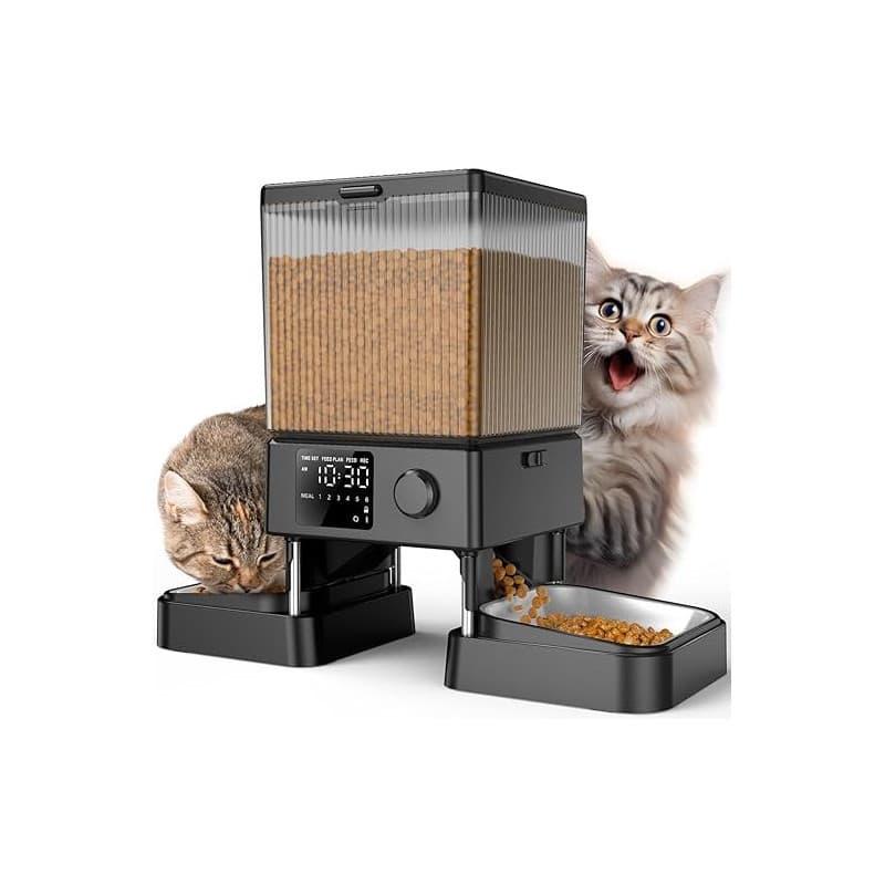 oneisall 5L Distributeur Croquettes Chat Automatique 2 Bols Mangeoire Automatique pour Chat à Un Bouton Fonctionnement Facile Ma