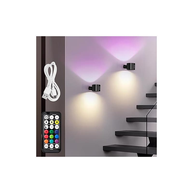 LuminexDesigns Lot de 2 Applique murale intérieure LED sans fil – rechargeable RGB Lampe murale Noir à pile avec télécommande ou