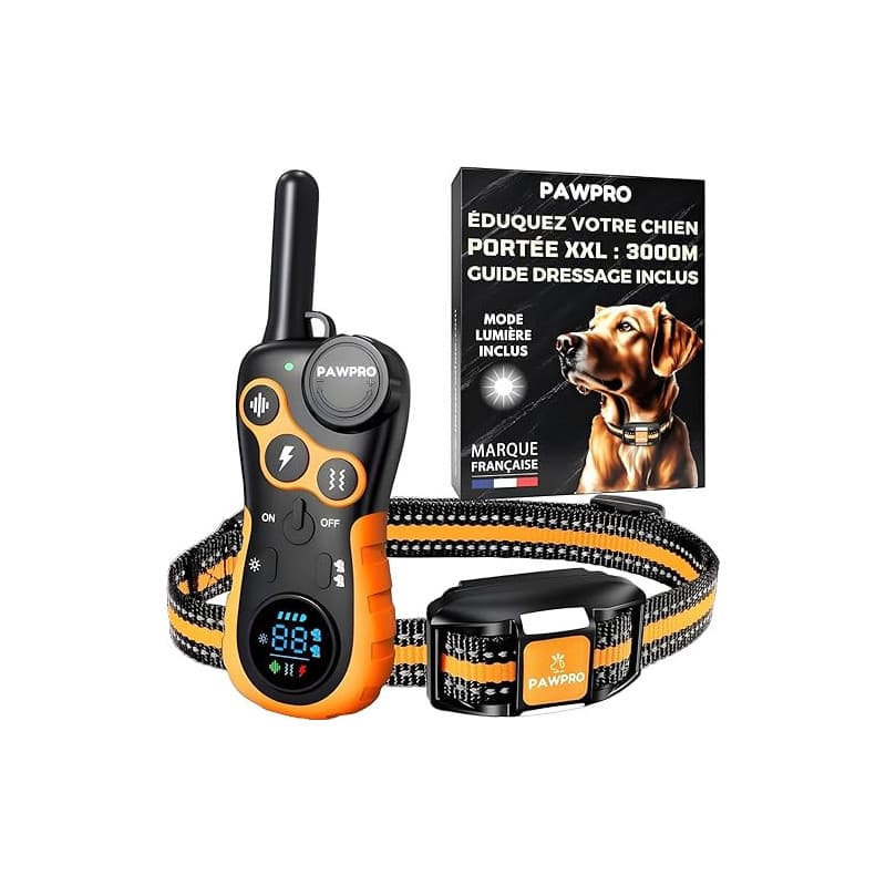 PAWPRO Collier de Dressage, Portée de 3km, Mode Lumière Nocturne, Guide de Dressage Inclus, 124 Niveaux d’Entraînement, BIP Vibr