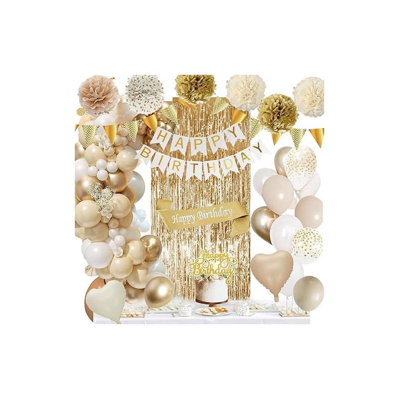 Decoration Anniversaire Décorations Beige Blanc Or Ballons Kit avec Banderole Joyeux Pom Poms Confetti Echarpe Rideau pour Fille