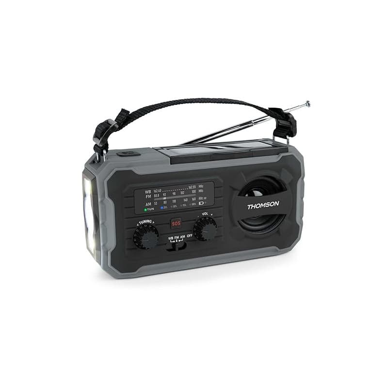THOMSON Radio Solaire d’Urgence Portable, Survie Dynamo FM/AM, Lampe Torche LED, Alarme SOS, Batterie Rechargeable 4000mAh et Ch
