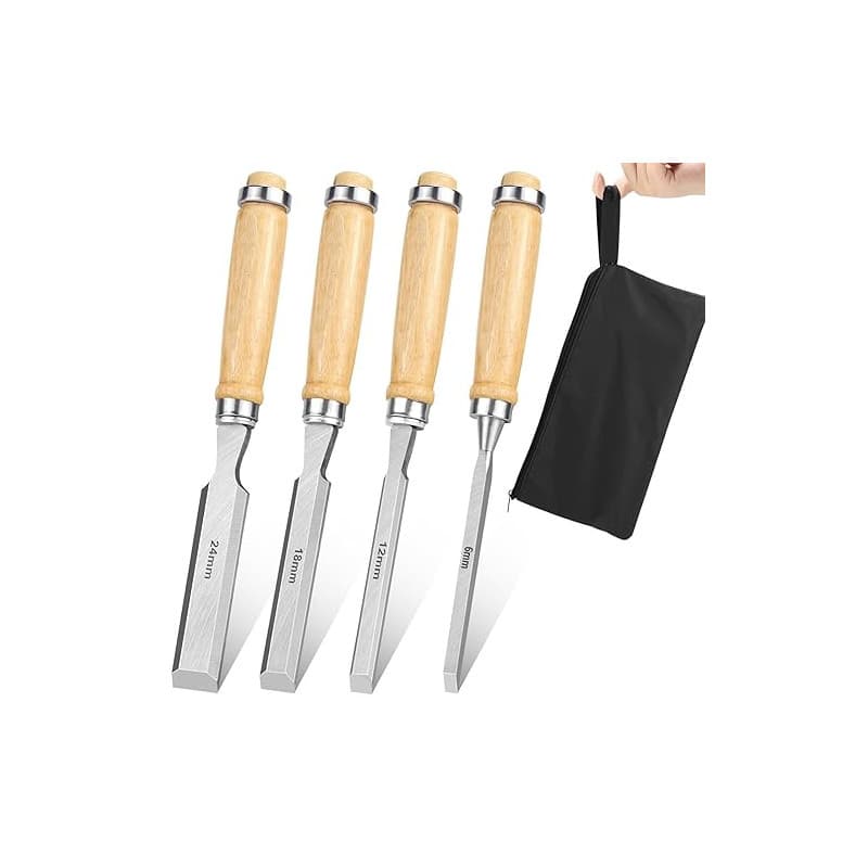 Ciseaux à bois Professionnels 4 Pièces Ensemble de Ciseaux à Bois 6, 12, 19, 24mm Ciseau a Bois avec Poignée et Sac de Rangement