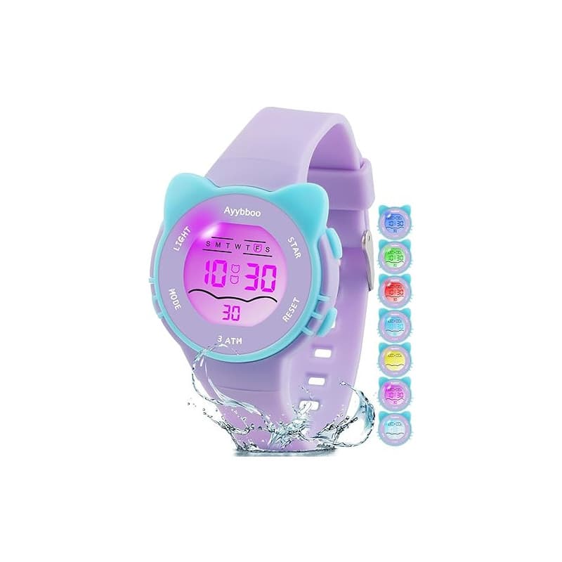 Ayybboo Montre Enfant Numérique Garçon Fille,Montres Digitale Sport avec LED 7 Couleurs Lumineuse,Étanche 30M,Alarme,Chronomètre