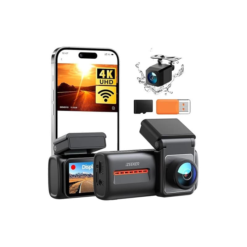iZEEKER 4K Dashcam Voiture Avant Arrière, Wi-Fi 6 Intégré, Carte SD 32G Offerte, Caméra Dual 4K+1080P, Écran IPS 2,99", Contrôle