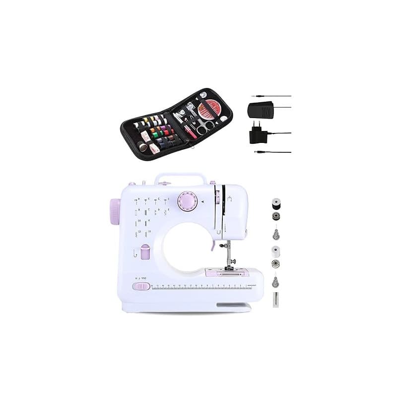 Machine à coudre portable avec 2 vitesses et 12 points. Comprend une pédale, un kit de couture, une lumière de travail et un cou