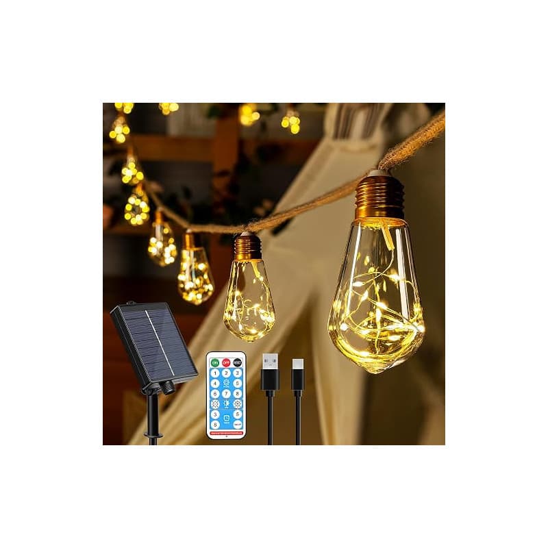 Ollny Guirlande Lumineuse Exterieure Solaire, 8m 16 S17 Ampoules, Guirlande Solaire Exterieur Guinguette avec Télécommande, 8 Mo