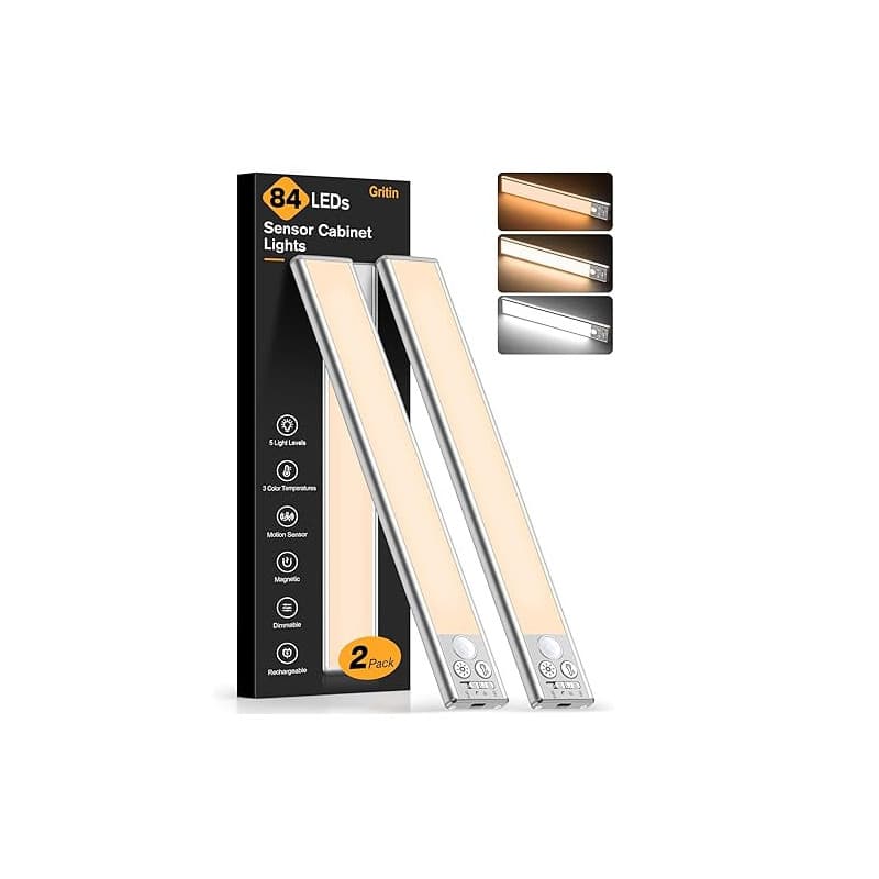 Gritin Lampe de Placard LED, Super Lumineuses Cuisine Reglette Rechargeable 26CM, 3 Couleurs&5 Luminosités, 4 Modes, Détecteur d