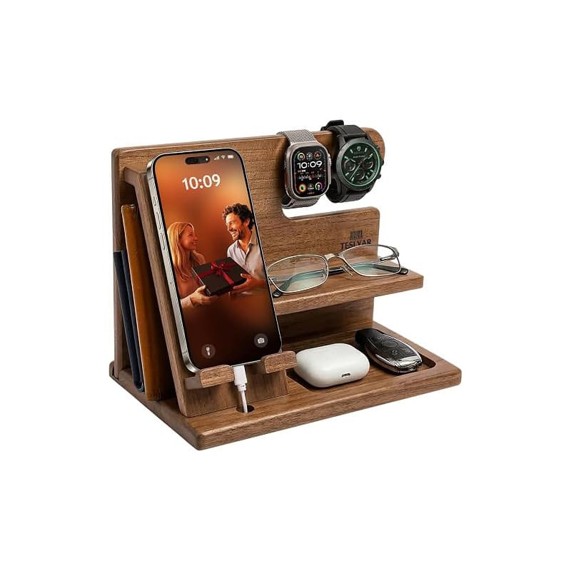 TESLYAR - Station d'accueil pour téléphone en bois pour homme, organisateur de bureau ou de chevet, cadeau d'anniversaire pour h