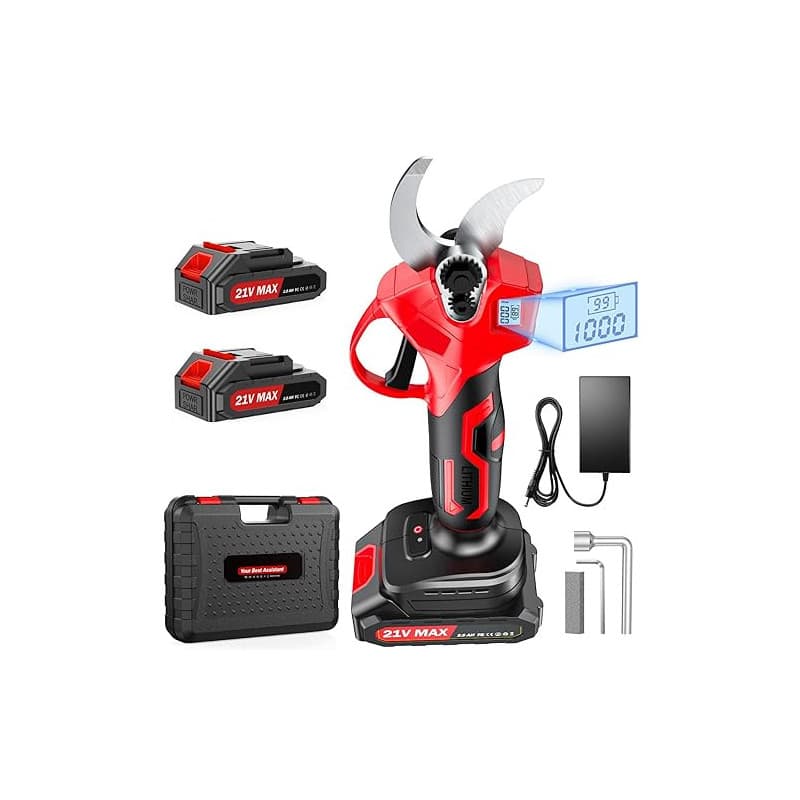 XIAZIR Sécateur électrique sans fil de 35 mm avec moteur brushless, sécateur de jardin avec écran LCD, 2 batteries 21 V 2000 mAh