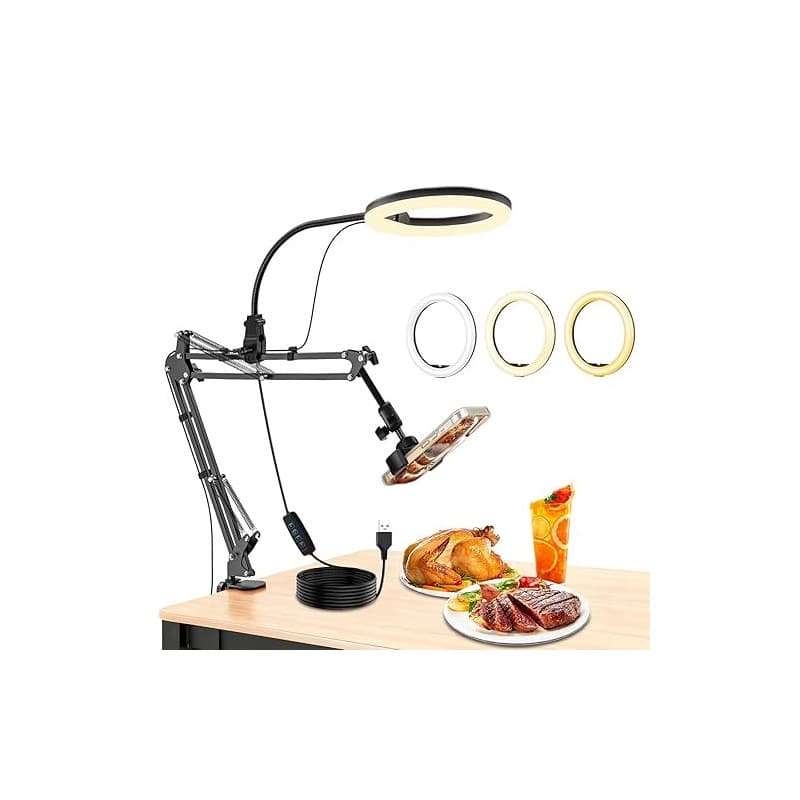 Trépied pour Téléphone Portable avec LED Ring Light (10,24"), Alimenté par USB, 3 Modes de Couleur, Ring Light éclairage Rotatif