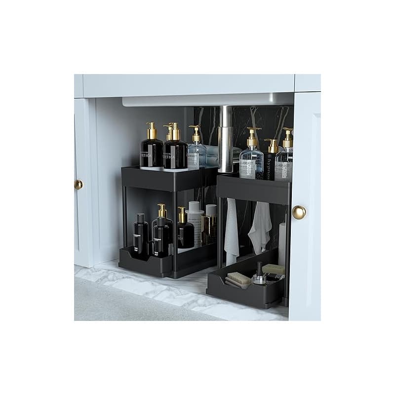 petisal Lot de 2 organiseurs sous évier et rangement avec tiroir coulissant, étagère à 2 niveaux sous évier de salle de bain, ar