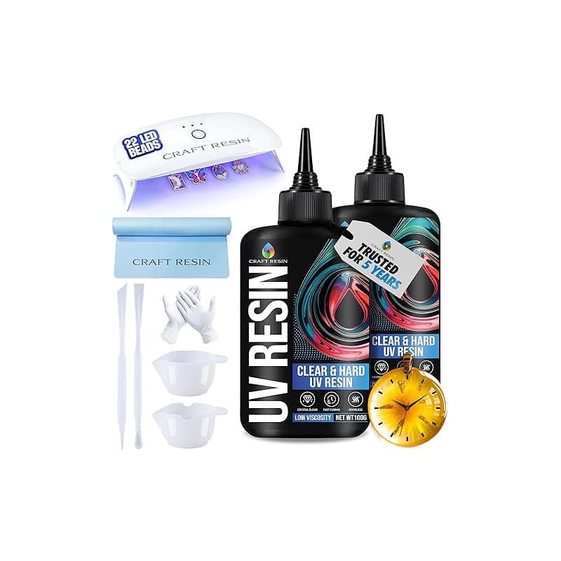 CRAFT RESIN Kit de Résine UV avec Lampe – Grande Lampe 36W à 22 LED et 200g de Résine UV, Cristal Clair et Anti-Jaunissement – K