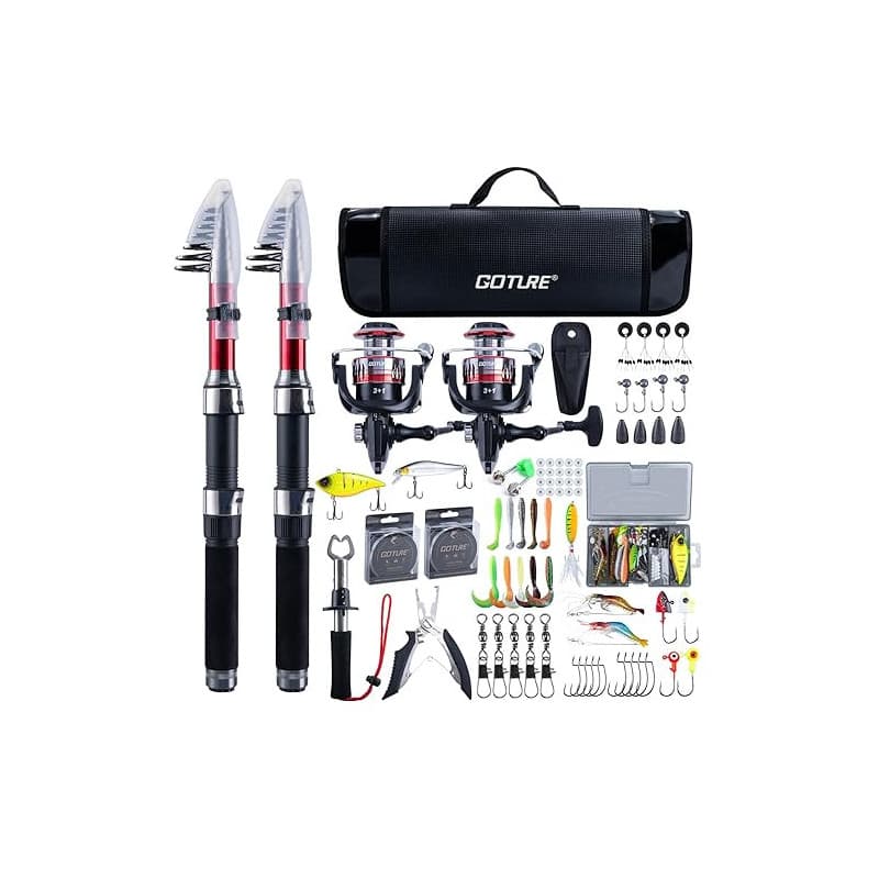 Goture Ensemble de Pêche avec 2 Canne à Pêche Télescopique, Ensemble Complet de d'outils de Pêche et d'appâts avec 2 Moulinet de