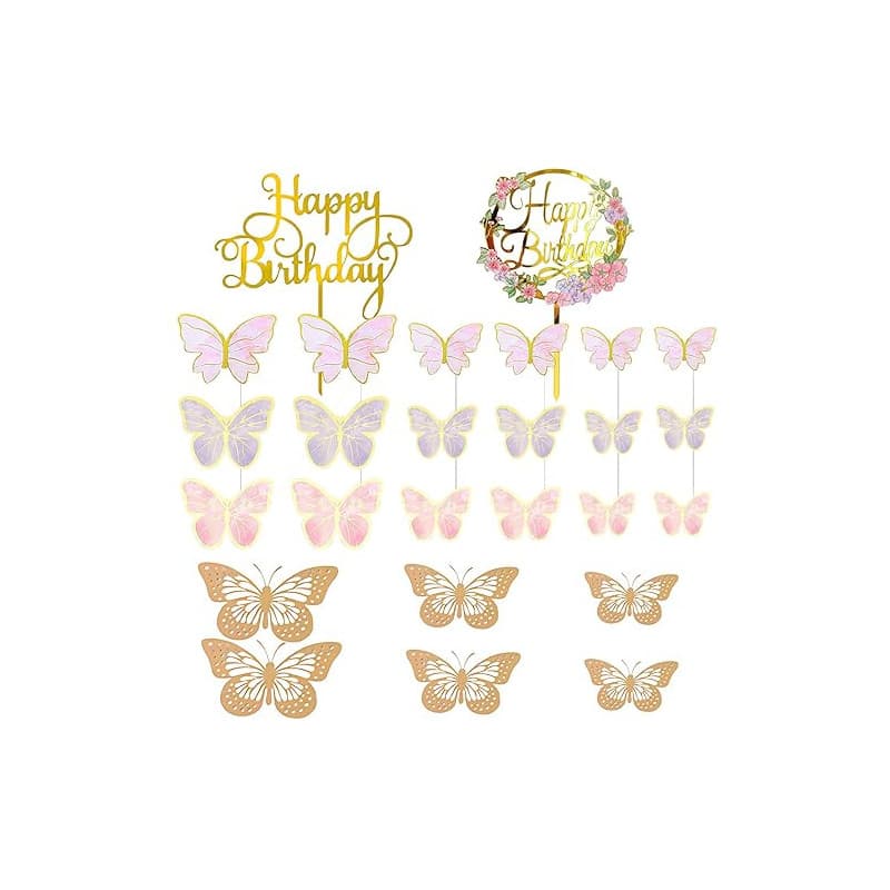 VEGCOO 48 Pcs Papillon Décoration, 2 Pcs Cake Toppers Acrylique,6 Pcs Autocollants Papillons 3D, Topper Happy Birthday,Décoratio