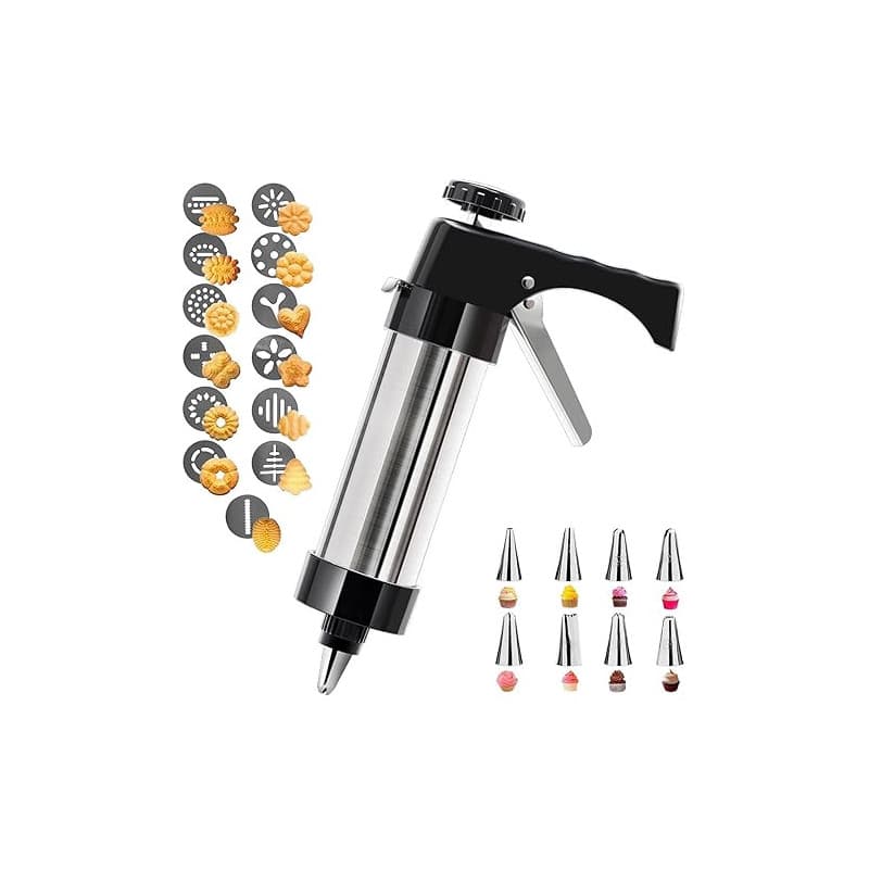 KINDLUME Machine a Churros, Appareil a Churros en Acier Inoxydable, Presse Biscuit avec 13 Pochoirs, 8 Douilles, Outil Multifonc