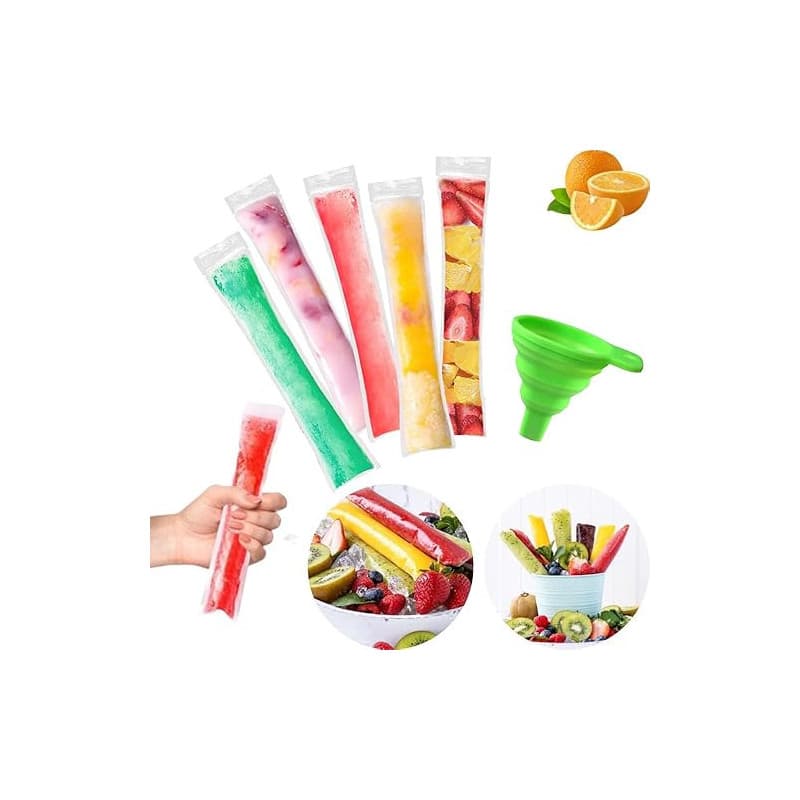 200 Pcs Sacs de Formes de Popsicle Sacs de Pops sans BPA avec un Entonnoir pour Yaourt Bonbons Crème Glacée Party Favors (5 x 22