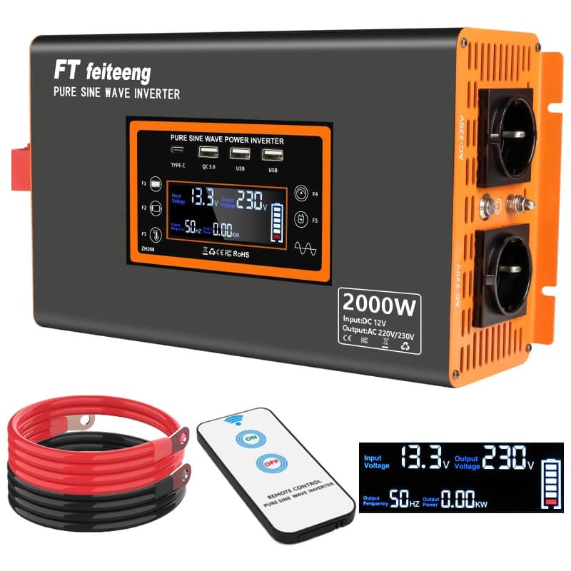 2000W/4000W Convertisseur 12V 220V Pur Sinus Onduleur,transformateur 12v 220v avec 2 Prises CA, Port USB, Télécommande, écran LC