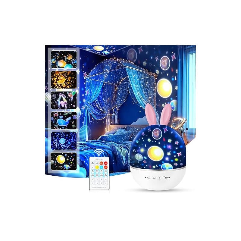 URAQT Veilleuse Enfant Lampe Etoile Projecteur, Veilleuse Bébé, Lampe Etoile Projecteur Veilleuse Enfant, 360°Rotation Telecomma