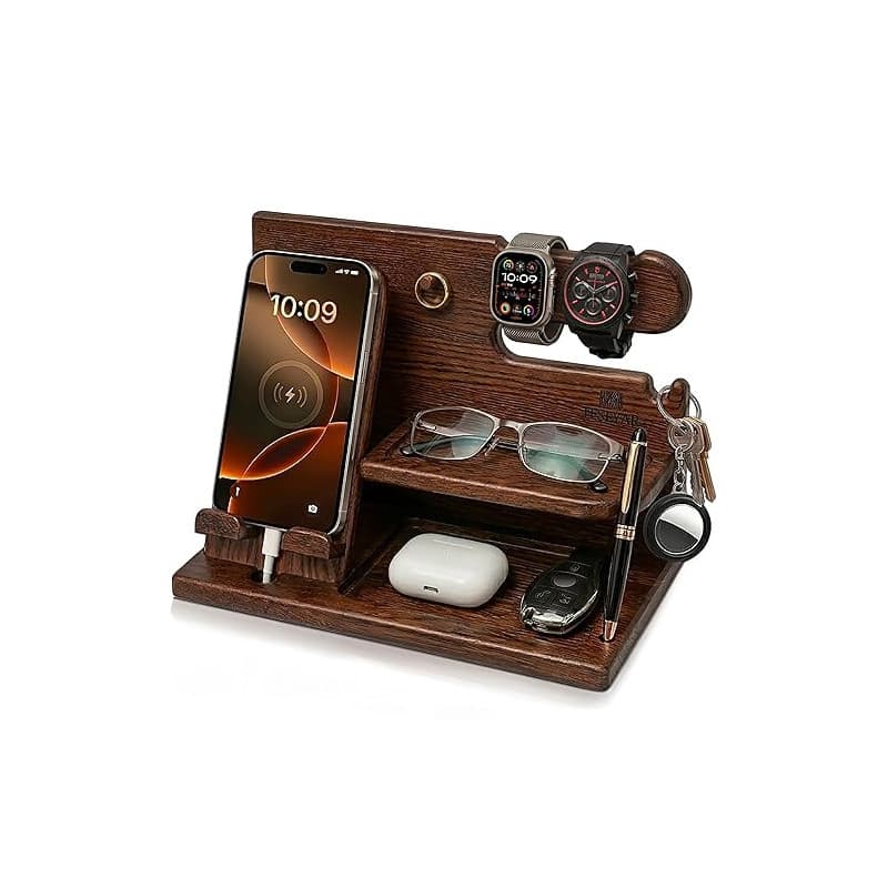 TESLYAR Cadeau Homme – Organisateur de Bureau en Bois avec Support Téléphone et Montre, Station d’Accueil, Docking Station, Supp