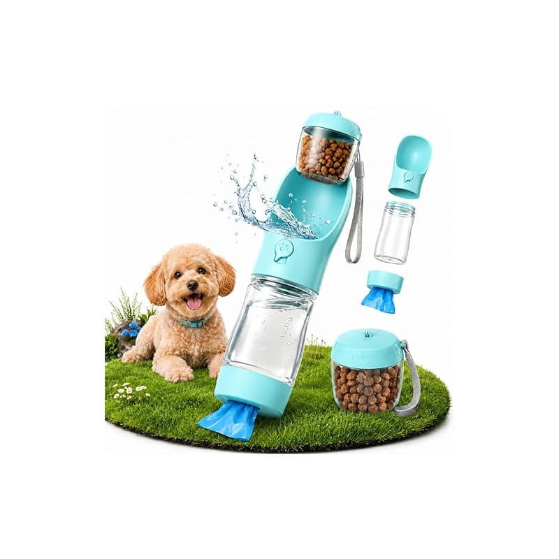 Gourde Chien 3 en 1, Bouteille d’Eau pour Chien 350 ML avec Bol Intégré, Compartiment Friandises 100 g et Sacs à Déjections, Gam