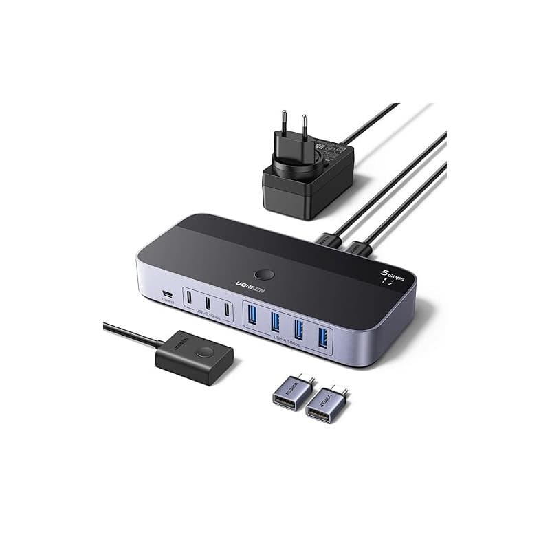 UGREEN Switch USB 5Gbps KVM Commutateur 2 PC Entrées Partagent 7 Sorties Périphériques USB pour Clavier Souris Disque Dur Imprim