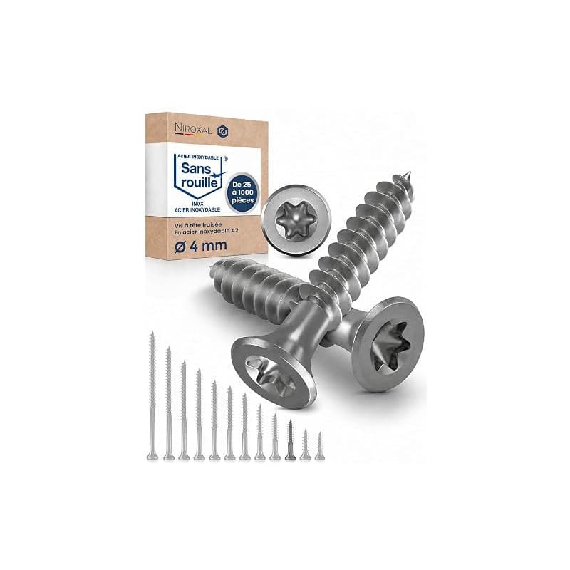 Vis à bois inox A2 V2A H2 Torx TX tête fraisée 90° filetage total 4x25 mm – 100 pcs