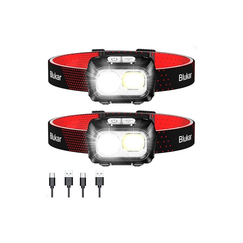 Blukar Lampe Frontale Rechargeable 2 Pack, 2000L Super Lumineux Léger Torche Frontale LED Puissante avec Voyant Rouge,8 Modes d'