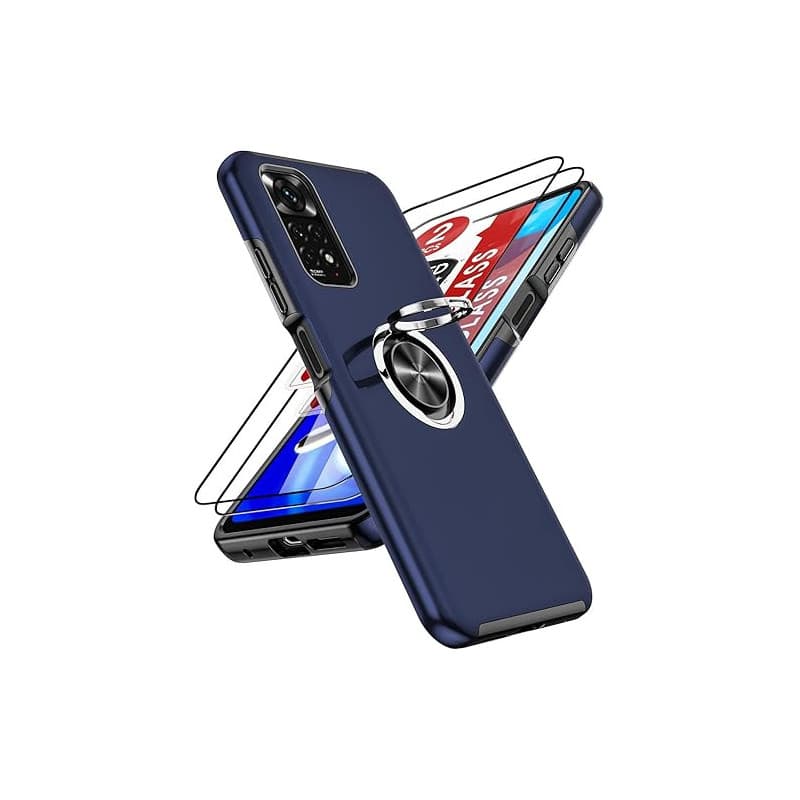 LeYi Coque pour Xiaomi Redmi Note 11/11S 4G(6.43") avec 2 Verre Trempé Vitre Protection et Anneau Telephone, Militaire PC et TPU