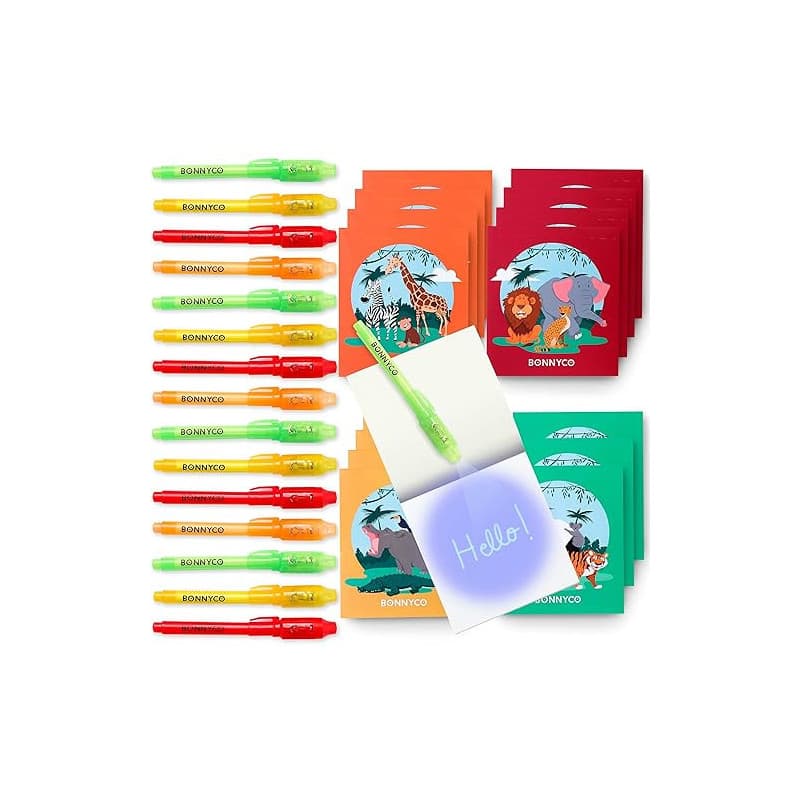 BONNYCO Stylo Encre Invisible et Carnet de Notes, Pack 16 Animaux de la Jungle Petits Cadeaux Anniversaire Garcon et Fille. Cade