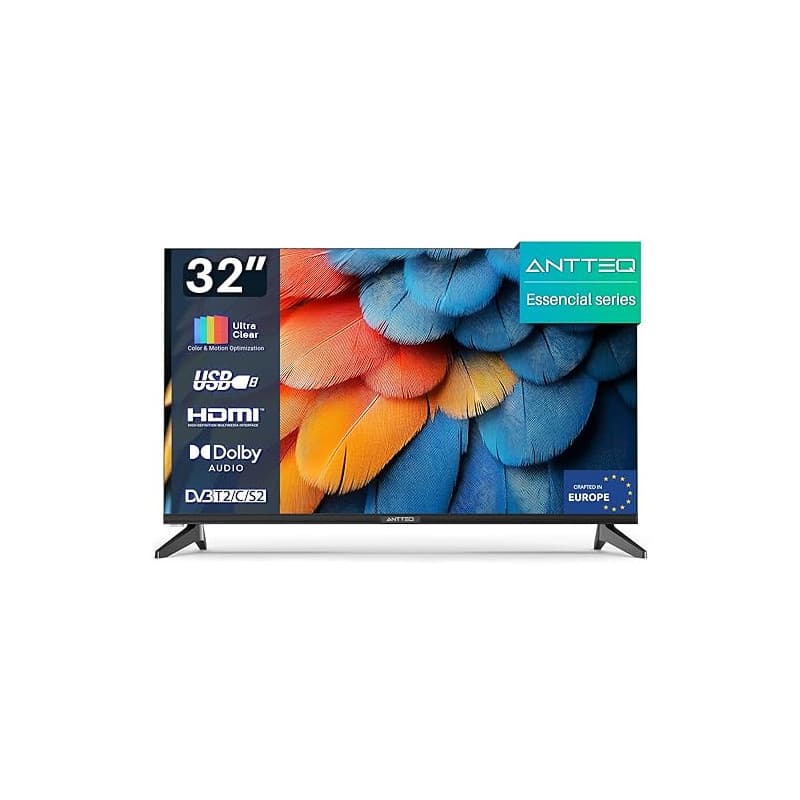Antteq E32-AH1Q1L TV 32 Pouces Télévision 80cm LED HD Ready, sans Lunette, avec Triple Tuner (DVB-T/T2-C-S/S2), HDMI, USB-Media