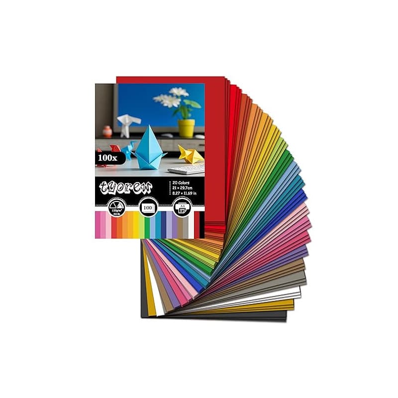 Lot de 100 feuilles de papier cartonné coloré A4, 20 couleurs feuille papier couleur 120 g/m² pour origami, le scrapbooking, l'i