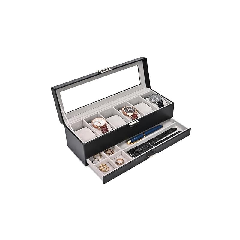 ProCase Boite a Montre à 2 Niveaux, 6 Emplacements avec Coussins pour Montres, 2ème Compartiment pour des Petits Bijoux Accessoi