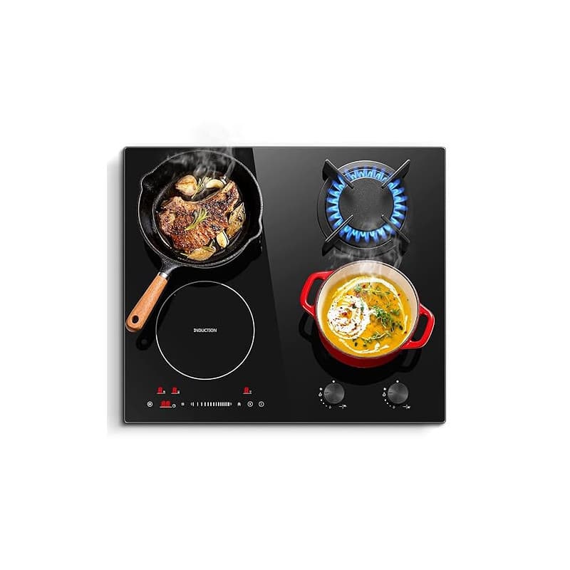 SNDOAS Table de Cuisson Mixte Gaz Induction 4 Foyers 59cm, 7500W Totale, Plaque de Cuisson Induction 4100W avec Boost & Pont, Pl