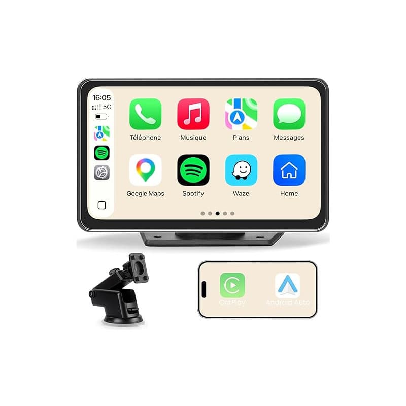CarPlay Voiture, Portable Autoradio CarPlay & Android Auto sans Fil, Stéréo de Voiture 7 Pouces Écran Tactile avec GPS Navigatio