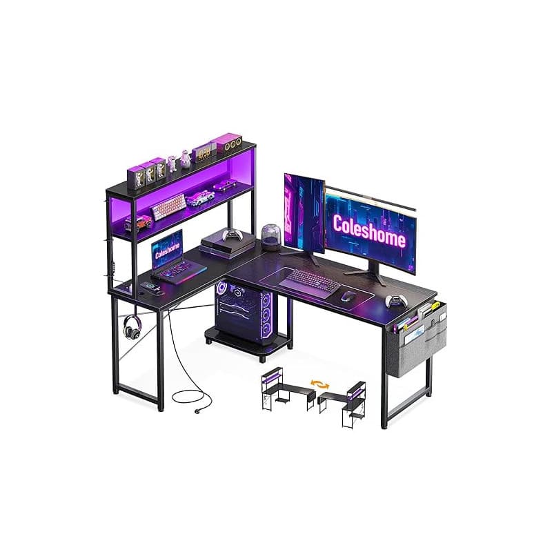 Coleshome Bureau Gaming Angle avec LED et Prises, 135 × 100 cm Bureau Gaming Réversible avec Étagères, Table en L avec Sac de Ra
