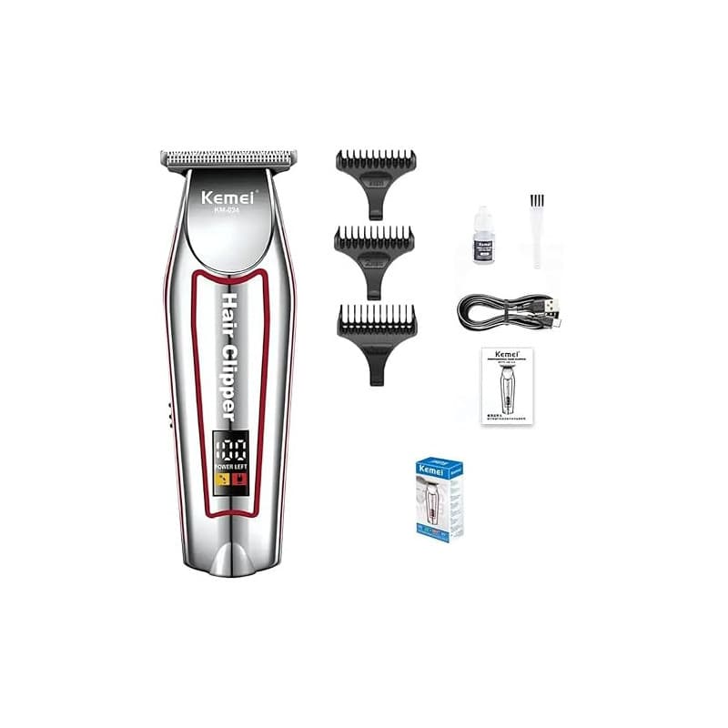 Kemei Tondeuse Cheveux barbe corps Professionnelle, Écran LCD, Rechargeable USB, Kit de Coiffure avec 3 Guides de Coupe, Argent