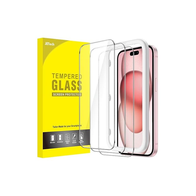 JETech Protection D'écran pour iPhone 15 6,1 Pouces, Film en Verre Trempé avec Outil d'Installation Facile, Compatible Coque, Tr