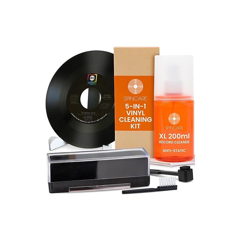 Kit Nettoyage Vinyle par SPINCARE | 5-en-1 Nettoyante pour LP Disques Vinyle, Antistatique Tampon Nettoyant en Velours, Support