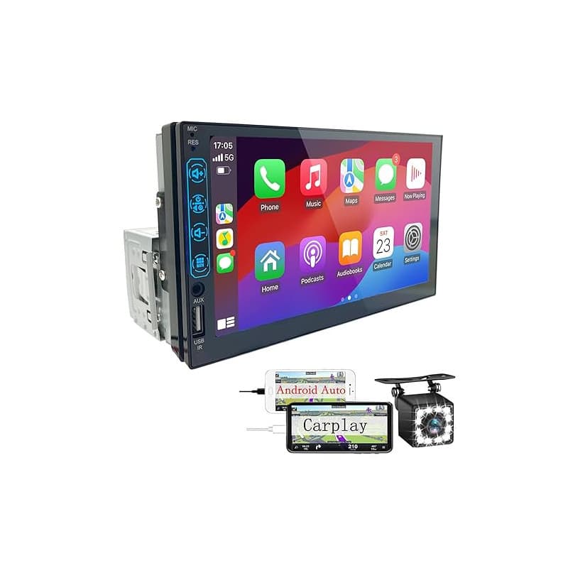 Autoradio Bluetooth 1 DIN avec Carplay et Android Auto - 7 Pouces HD Ecran Tactile Poste Radio Voiture Soutien Lien Miroir iOS/A