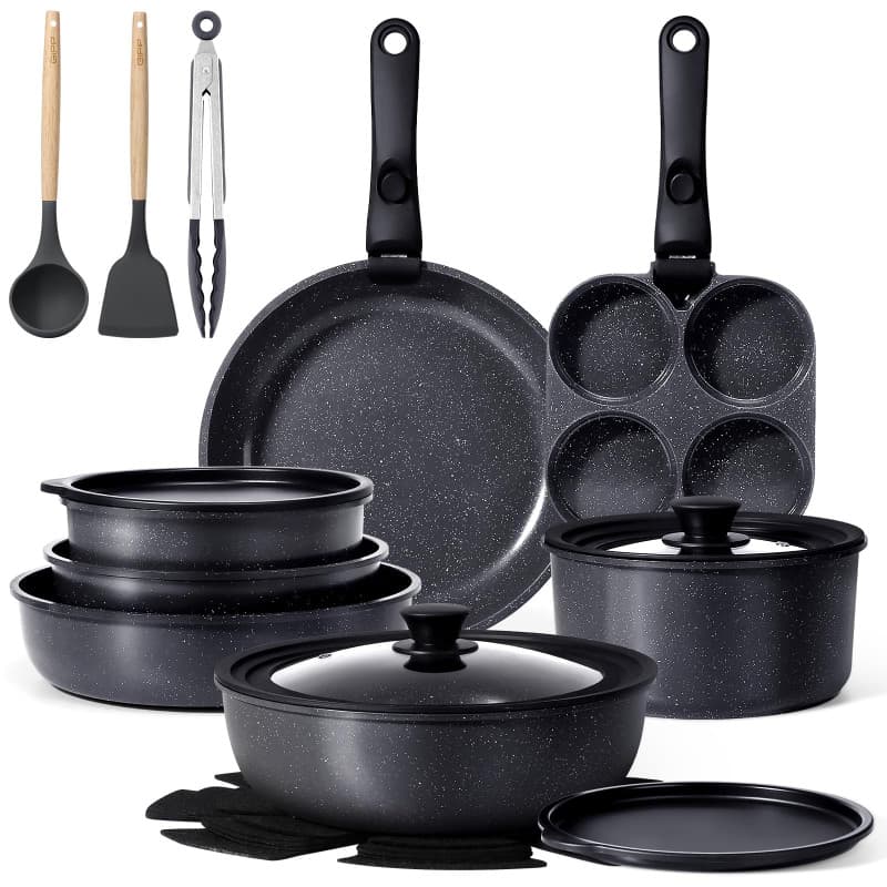 GiPP Batteries de Cuisine avec Poignée Amovible 21PCS, Sets de Poêles et Casseroles avec Revêtement Antiadhésif en Granit, Adapt