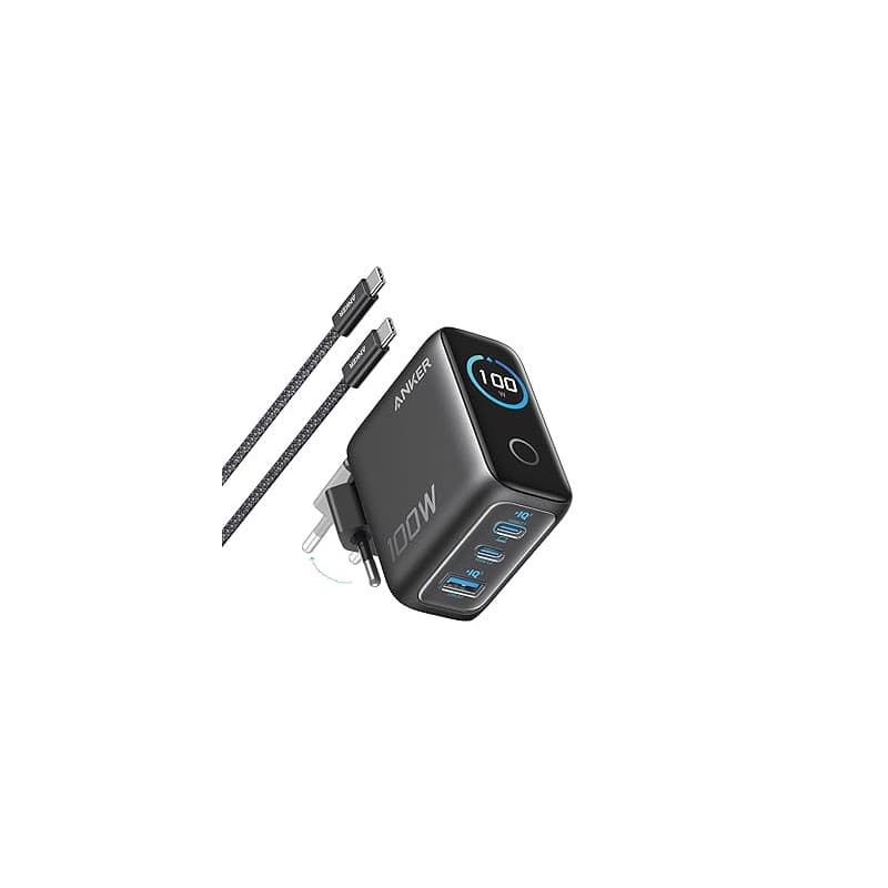 Anker Chargeur USB C 100W Max 3 Ports, Adaptateur Ordinateur Portable Mural GaN et Ultra-Compact, écran Intelligent et Contrôle