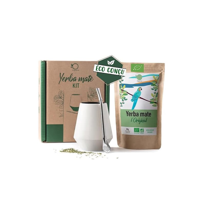 ORIGEENS CALEBASSE MATÉ - Conditionné en France - Kit Mate Complet avec Tasse Maté Céramique Artisanale (Portugal), Bombilla, Ye