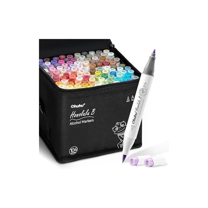 Ohuhu Marqueurs à alcool 104 couleurs, Marqueurs à croquis à double pointe (pinceau et pointe fine) pour les Marqueurs artistiqu