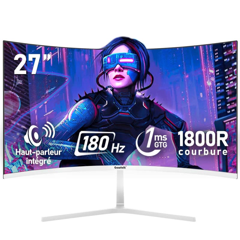 Gawfolk Écran PC 27 Pouces incurvé 180Hz Gaming Computer Moniteur, 1800R,1ms,FHD 1080p, 178 ° Grand Angle,Haut-Parleur intégré,