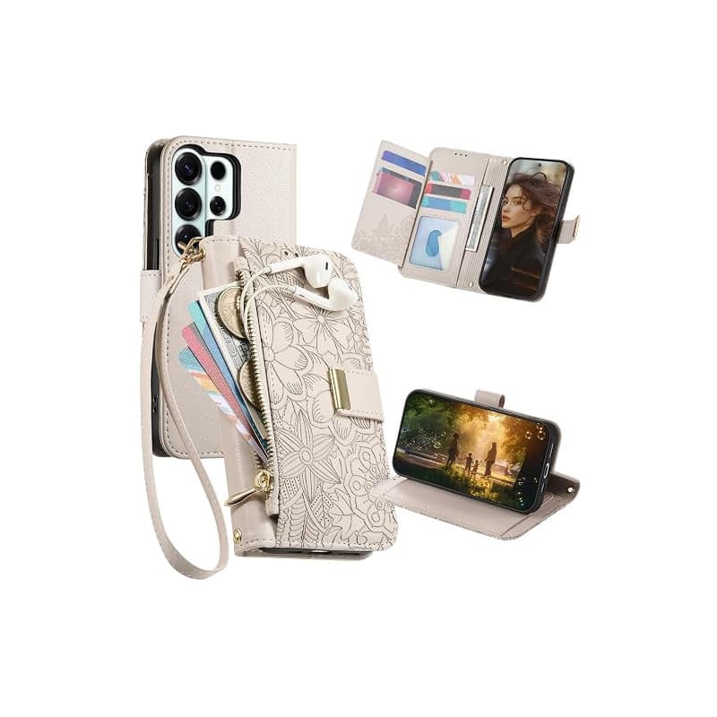 Ysnzaq Coque pour Samsung Galaxy S26 Ultra avec Porte Carte,avec Motif de Fleur et Feuilles en Relief,Cuir Rabat Folio Pochette