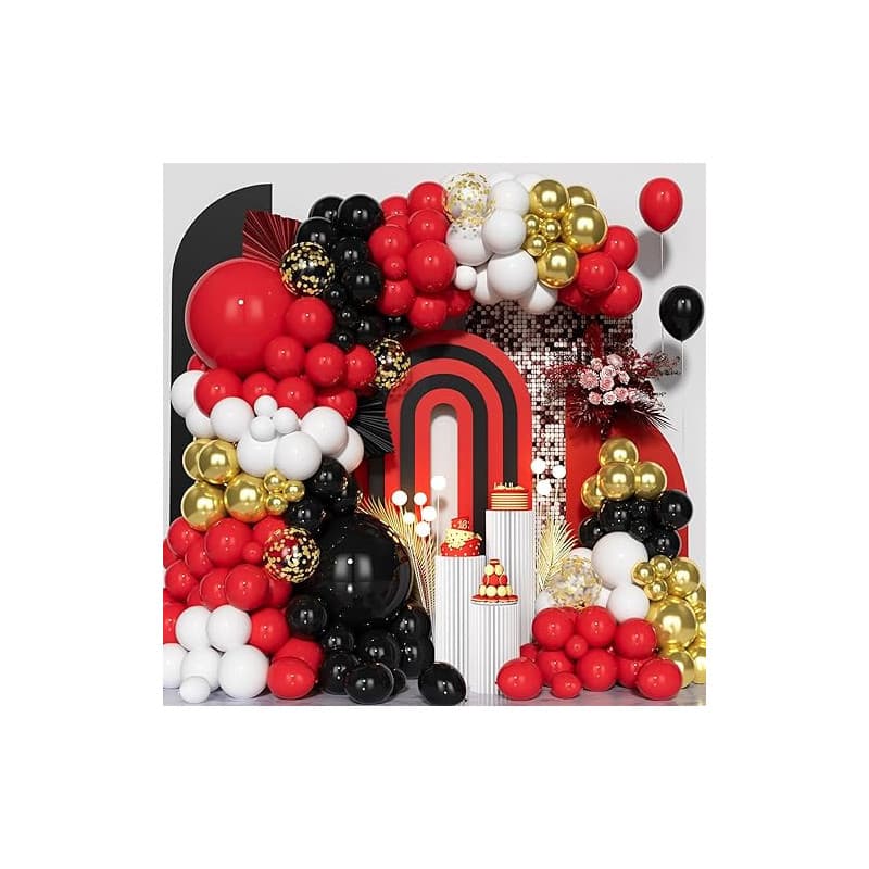 Ousuga Kit Arche Ballon Noir Rouge, 142Pièces Guirlande Ballons Noir Rouge Blanc Or Métallique Ballon Confetti Fille Garçon Fête