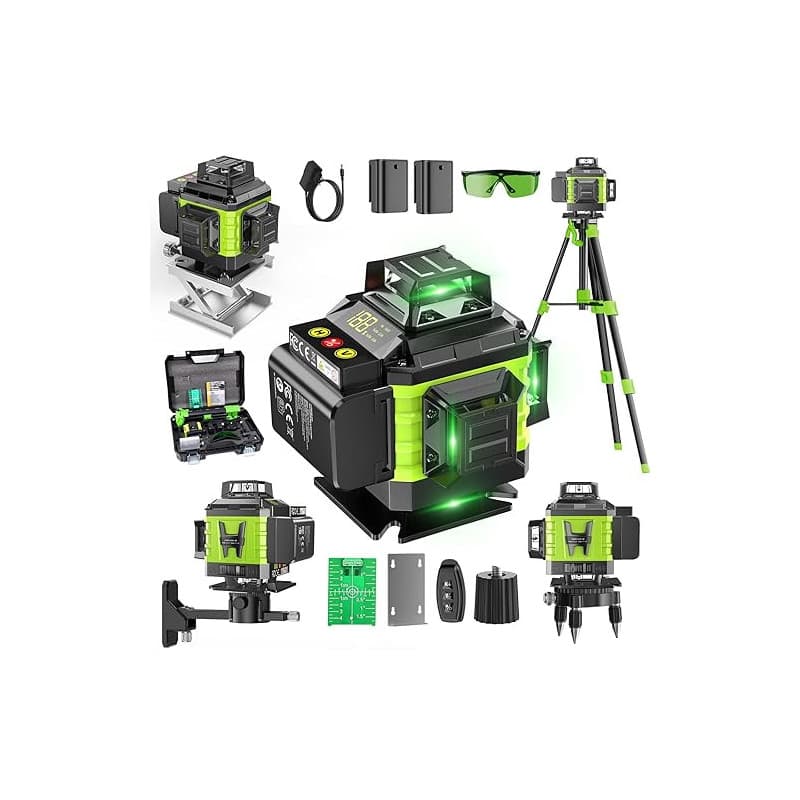 Niveau Laser Chantier Autonivelant 360° x 4, Lazer Niveaux 4D 16 Lignes Laser, Autonivellement et Mode Pulsé Extérieur, 2 x Batt
