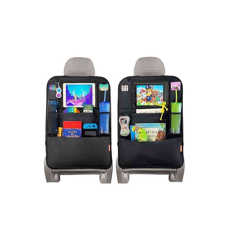 Huckaboo Organisateur Voiture Enfant - Rangement voiture enfant, Nombreuses poches, Support tablette, Noir, Lot de 2