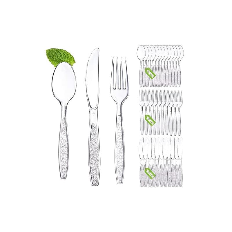 300 Pièces Couverts en Plastique Reutilisable,100 fourchettes, 100 cuillères et 100 couteaux,Parfaits pour les Fêtes d'Anniversa