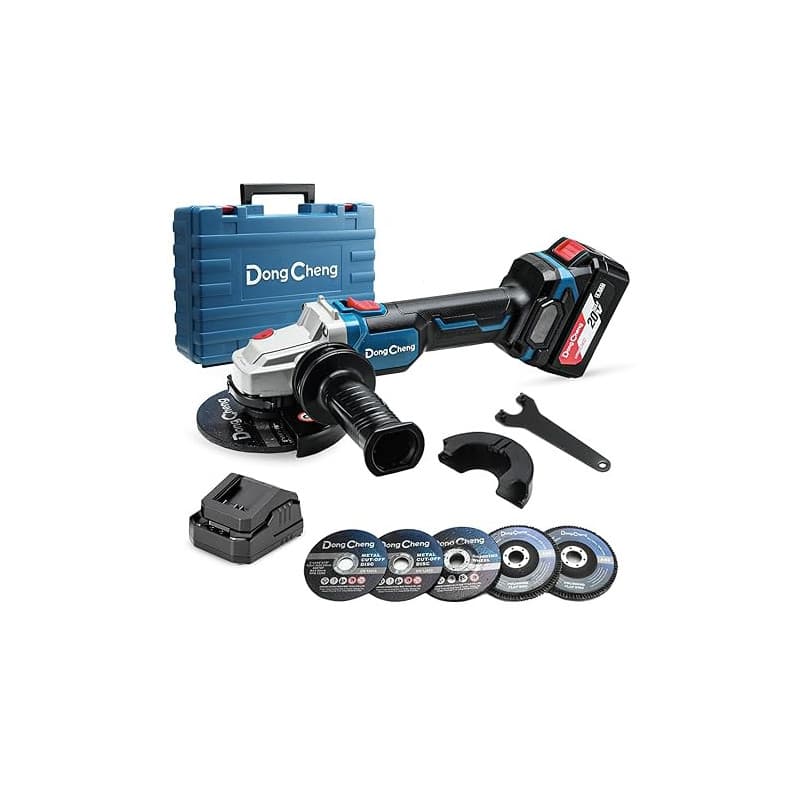 DongCheng Meuleuse d'angle sans fil 20V, Moteur sans balais, Disqueuse sans fil 125 mm, poignée anti-vibrations, 2 disques abras